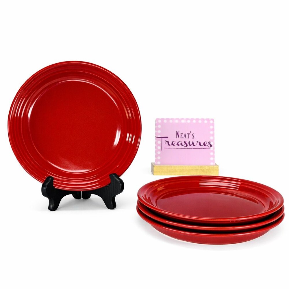 Mainstays RAINFOREST RED Solid Embossed Ring Stoneware Salad Snack Plates Set 4